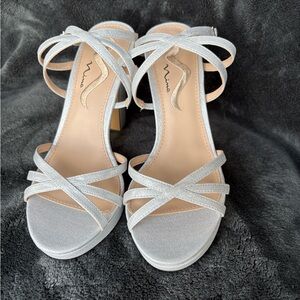 Never Worn Nina Silver Glitter Strappy Block Heels